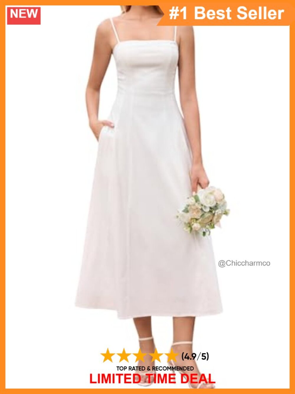 Women's Square Neck A-Line Midi Sundress with Pockets Sleeveless Spaghetti Strap